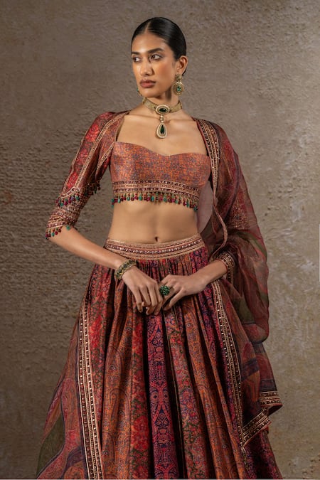 Shop_Tarun Tahiliani_Red Chanderi, Silk Stones, Beads, Embroidery, Geometric Jaal Print Lehenga Set  _Online_at_Aza_Fashions