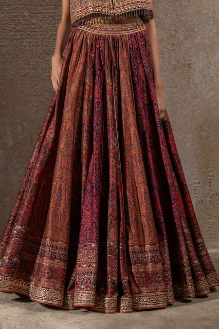 Shop_Tarun Tahiliani_Gold Chanderi Stones, Crystals V-neck Geometric Print Lehenga And Gilet Jacket Set _Online_at_Aza_Fashions
