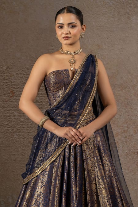 Tarun Tahiliani_Navy Brocade, Tulle, Net Embroidery, Metallic Lehenga And Structured Corset Set _Online_at_Aza_Fashions