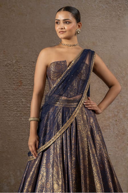 Buy_Tarun Tahiliani_Navy Brocade, Tulle, Net Embroidery, Metallic Lehenga And Structured Corset Set _Online_at_Aza_Fashions