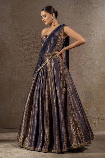 Shop_Tarun Tahiliani_Navy Brocade, Tulle, Net Embroidery, Metallic Lehenga And Structured Corset Set _Online_at_Aza_Fashions