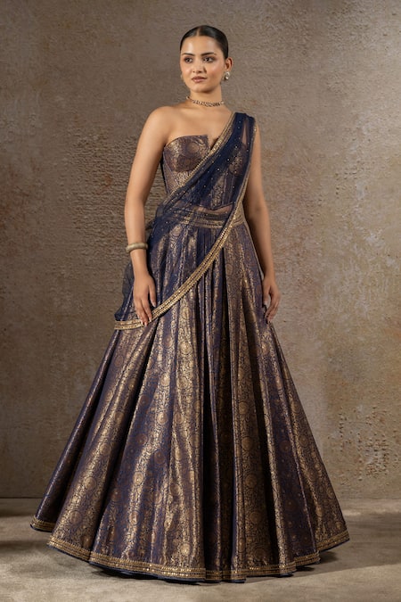 Tarun Tahiliani_Navy Brocade, Tulle, Net Embroidery, Metallic Lehenga And Structured Corset Set _at_Aza_Fashions