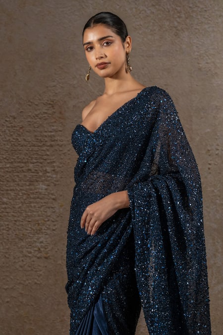 Tarun Tahiliani_Navy Tulle, Net, Satin Sequins Sweetheart Embroidered Saree With Corset Blouse _Online_at_Aza_Fashions