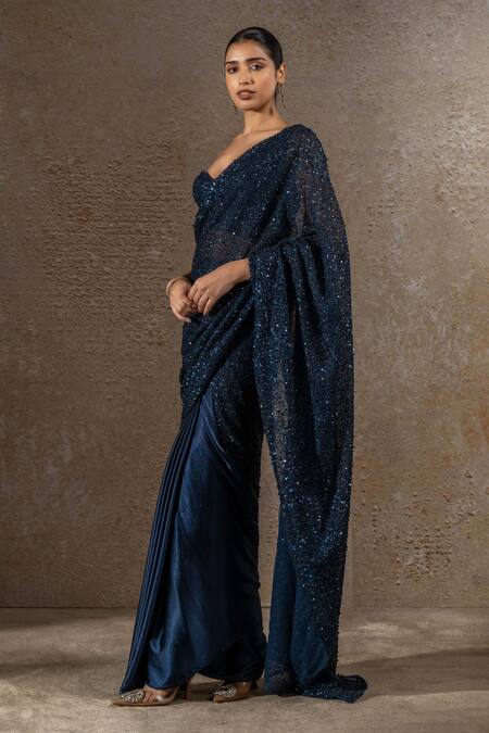 Buy_Tarun Tahiliani_Navy Tulle, Net, Satin Sequins Sweetheart Embroidered Saree With Corset Blouse _Online_at_Aza_Fashions