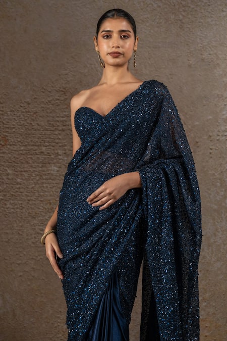 Shop_Tarun Tahiliani_Navy Tulle, Net, Satin Sequins Sweetheart Embroidered Saree With Corset Blouse _Online_at_Aza_Fashions