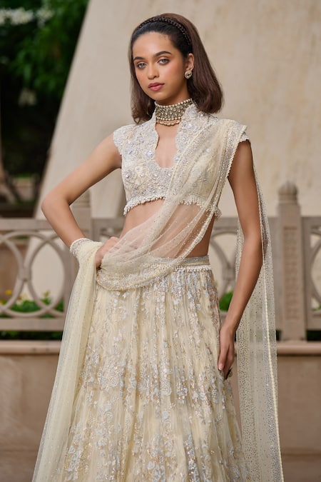 Tarun Tahiliani_Ivory Tulle Pearls, Crystals, Lace, Sequins, Stones, Embellished Lehenga Set _Online_at_Aza_Fashions
