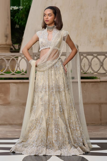 Buy_Tarun Tahiliani_Ivory Tulle Pearls, Crystals, Lace, Sequins, Stones, Embellished Lehenga Set _Online_at_Aza_Fashions