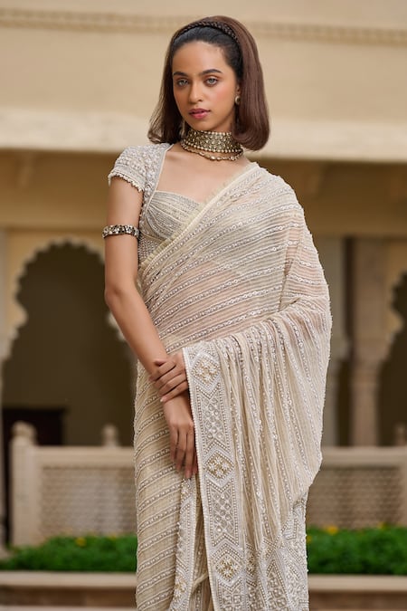 Tarun Tahiliani_Ivory Tulle Pearls, Metallic Thread, Embroidery Sweetheart Neck And Saree Set _Online_at_Aza_Fashions