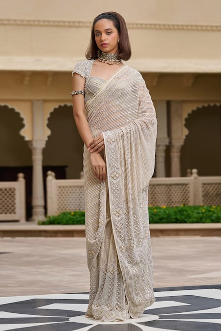 Tarun Tahiliani Pearl & Thread Embroidered Tulle Saree Set 