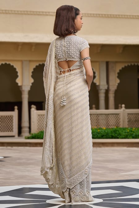 Tarun Tahiliani Pearl & Thread Embroidered Tulle Saree Set 