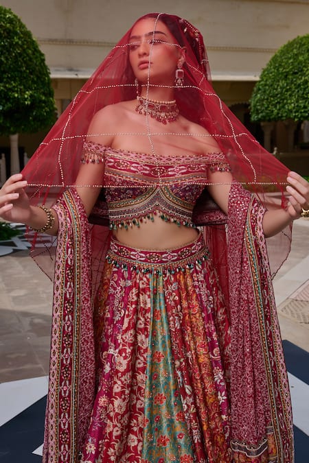 Tarun Tahiliani_Red Silk, Dupion, Tulle Beads, Sequins, Multi-panel Kashida Lehenga Set _Online_at_Aza_Fashions