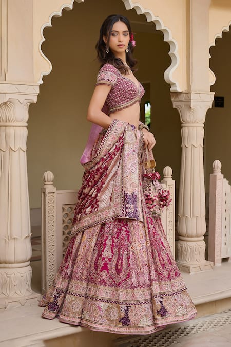 Buy_Tarun Tahiliani_Magenta Brocade, Georgette Sequins, Zari, Embroidery Kashida Lehenga Set _Online_at_Aza_Fashions