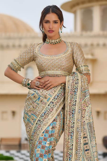 Tarun Tahiliani_Gold Georgette, Dupion, Silk Embroidery, Byzantium Painted Saree With Blouse _Online_at_Aza_Fashions