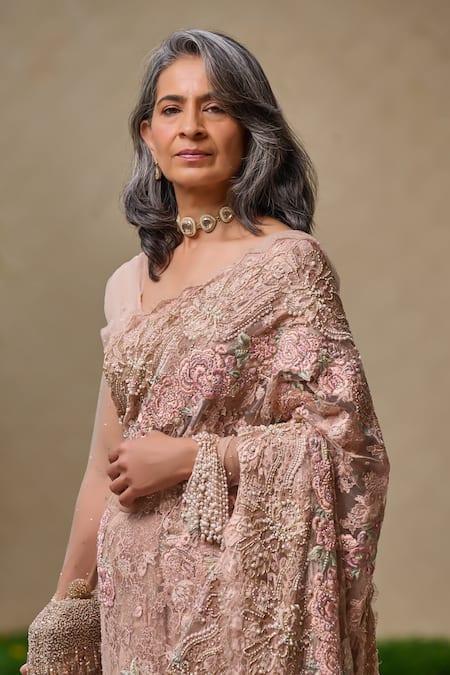 Tarun Tahiliani_Blush Lace Pearls, Embroidery, Crystals, French Floral Saree And Blouse Set _Online_at_Aza_Fashions