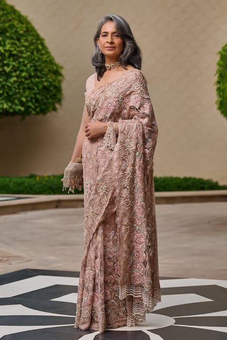 Tarun Tahiliani French Lace Floral Embroidered Saree & Blouse Set 