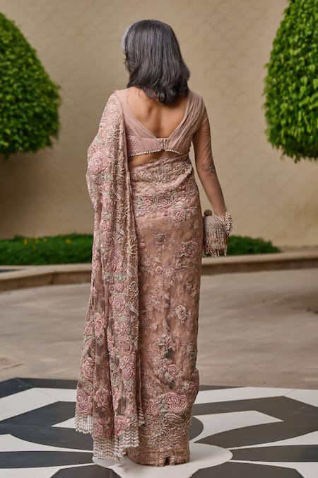 Tarun Tahiliani French Lace Floral Embroidered Saree & Blouse Set 