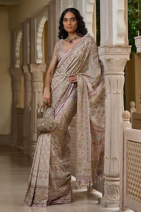 Buy_Tarun Tahiliani_Beige Georgette Beads, Pearls, Sequins, Kashida Embroidered Saree And Blouse Set _Online_at_Aza_Fashions