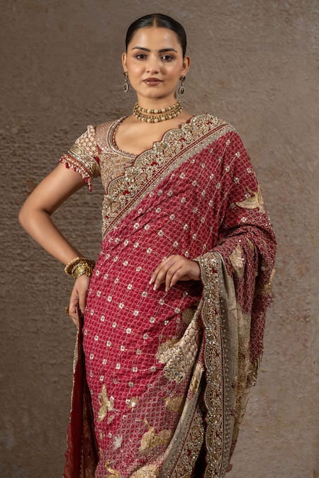 Tarun Tahiliani_Red Georgette Embroidery, Sequins, Pichwai 3d Flower Saree With Blouse _Online_at_Aza_Fashions