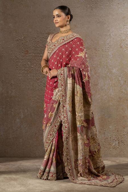 Buy_Tarun Tahiliani_Red Georgette Embroidery, Sequins, Pichwai 3d Flower Saree With Blouse _Online_at_Aza_Fashions