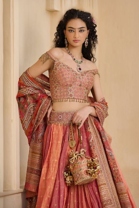 Buy_Tarun Tahiliani_Pink Dupion, Silk, Crinkle, Chanderi Kashida And Embellished Lehenga Set _Online_at_Aza_Fashions