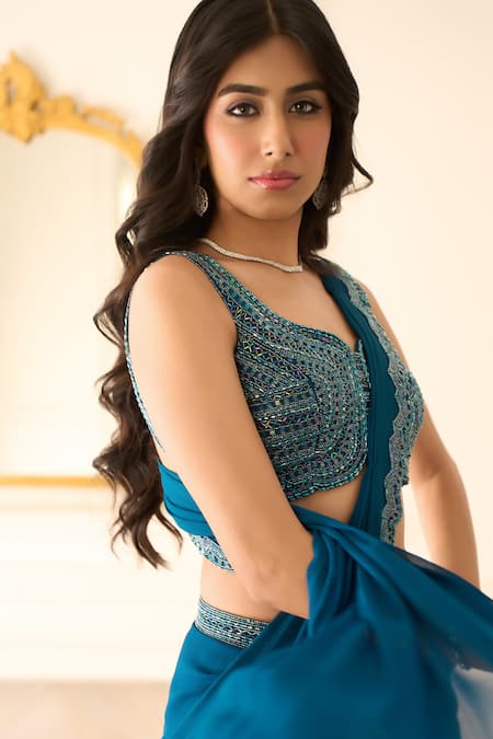 Buy_Richa Jaisinghani Label_Teal Georgette Sequins, Beads, Serena Embellished Pre-draped Saree And Blouse Set _Online_at_Aza_Fashions