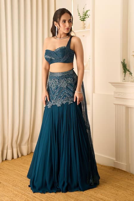 Richa Jaisinghani Label_Teal Georgette Beads, Embroidery Mia Embellished One Shoulder Blouse And Skirt Set _Online_at_Aza_Fashions