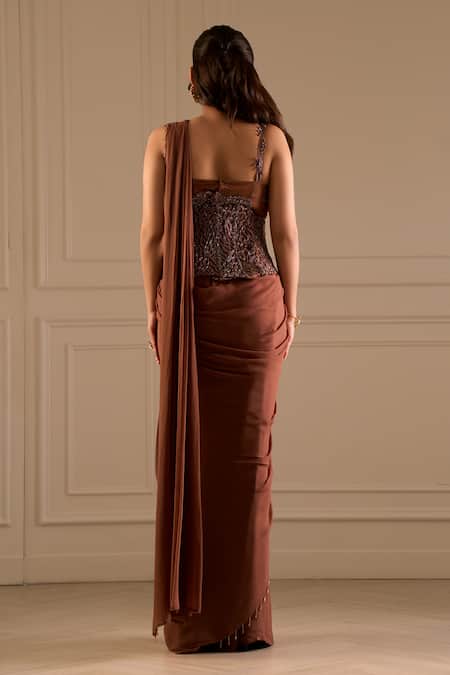 Richa Jaisinghani Label Umber Embellished Corset Blouse & Pre-Draped Saree Set 