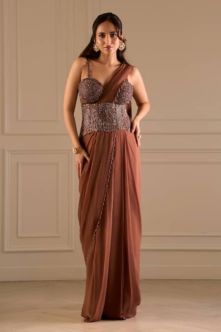 Richa Jaisinghani Label_Brown Georgette Sequins, Umber Embellished Corset Blouse And Pre-draped Saree Set _Online_at_Aza_Fashions