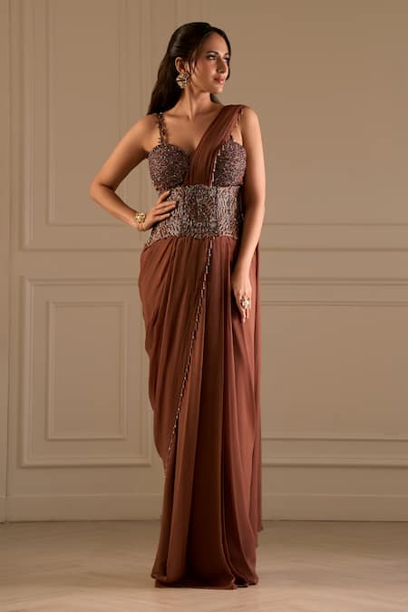 Richa Jaisinghani Label Umber Embellished Corset Blouse & Pre-Draped Saree Set 