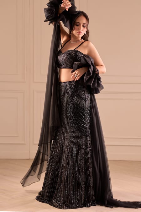 Richa Jaisinghani Label_Black Georgette Beads, Sequins Sweetheart Neck Luna Embellished Lehenga Set _Online_at_Aza_Fashions