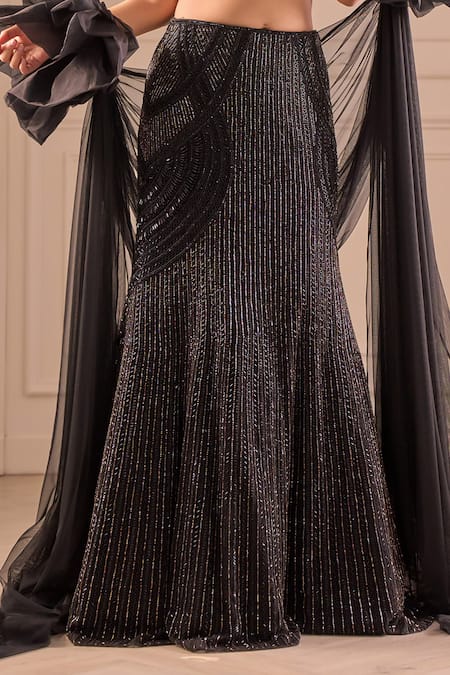 Richa Jaisinghani Label_Black Georgette Beads, Sequins Sweetheart Neck Luna Embellished Lehenga Set _at_Aza_Fashions