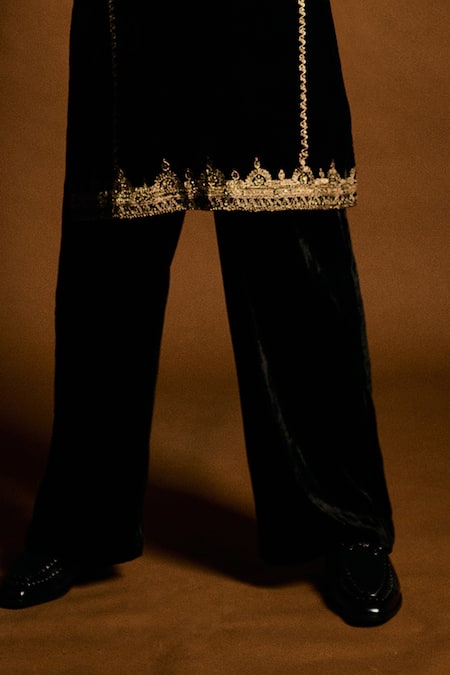 Punit Balana_Black Velvet, Cotton, Lycra Embroidery Marodi Kurta Set _Online_at_Aza_Fashions