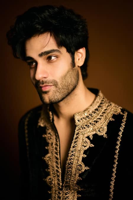 Buy_Punit Balana_Black Velvet, Cotton, Lycra Embroidery Marodi Kurta Set _Online_at_Aza_Fashions