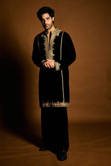 Shop_Punit Balana_Black Velvet, Cotton, Lycra Embroidery Marodi Kurta Set _Online_at_Aza_Fashions