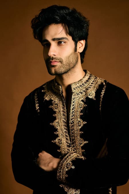 Punit Balana_Black Velvet, Cotton, Lycra Embroidery Marodi Kurta Set _at_Aza_Fashions