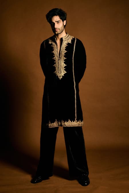 Buy_Punit Balana_Black Velvet, Cotton, Lycra Embroidery Marodi Kurta Set 