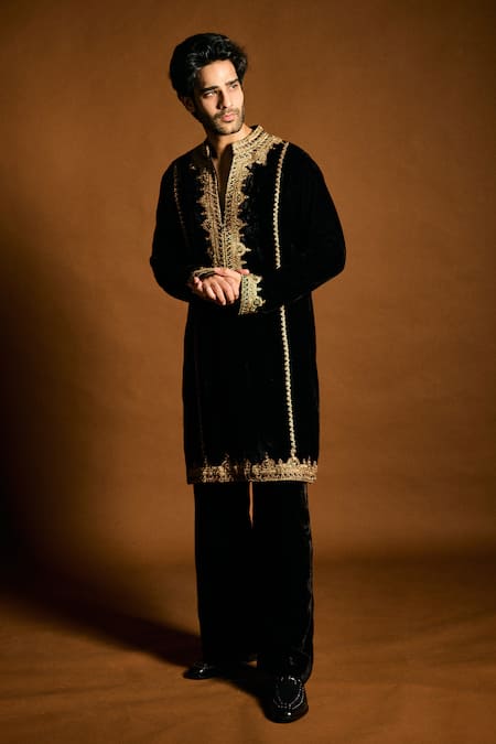 Shop_Punit Balana_Black Velvet, Cotton, Lycra Embroidery Marodi Kurta Set 