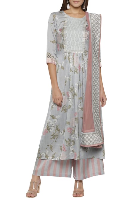 Shop_Soup By Sougat Paul_Blue Cotton Satin Round Neck Printed Kurta Set _Online_at_Aza_Fashions