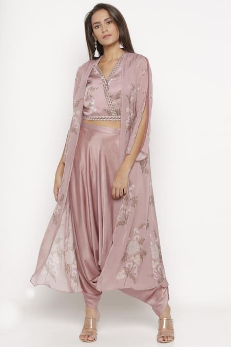 Soup By Sougat Paul Pink Crop Top V Neckline Printed Jacket And Dhoti Pant Set 