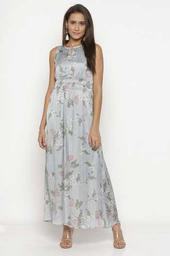 Buy Soup By Sougat Paul Blue Crinkled Chiffon Round Neck Printed Maxi Dress at Aza Fashions Buy_Soup By Sougat Paul_Blue Crinkled Chiffon Round Neck Printed Maxi Dress _at_Aza_Fashions
