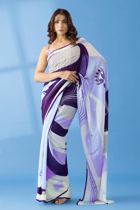 Thee Modern Roots Purple Georgette Abstract Print Two Tone Saree