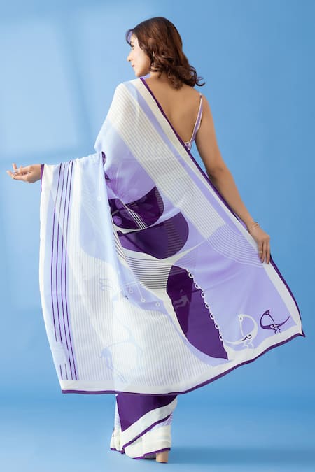 Shop Thee Modern Roots Purple Georgette Abstract Print Two Tone Saree at Aza Fashions Shop_Thee Modern Roots_Purple Georgette Abstract Print Two Tone Saree _at_Aza_Fashions