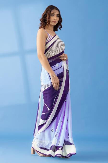 Thee Modern Roots Purple Georgette Abstract Print Two Tone Saree Online at Aza Fashions Thee Modern Roots_Purple Georgette Abstract Print Two Tone Saree _Online_at_Aza_Fashions