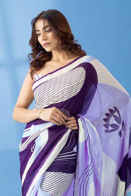 Shop Thee Modern Roots Purple Georgette Abstract Print Two Tone Saree Online at Aza Fashions Shop_Thee Modern Roots_Purple Georgette Abstract Print Two Tone Saree _Online_at_Aza_Fashions