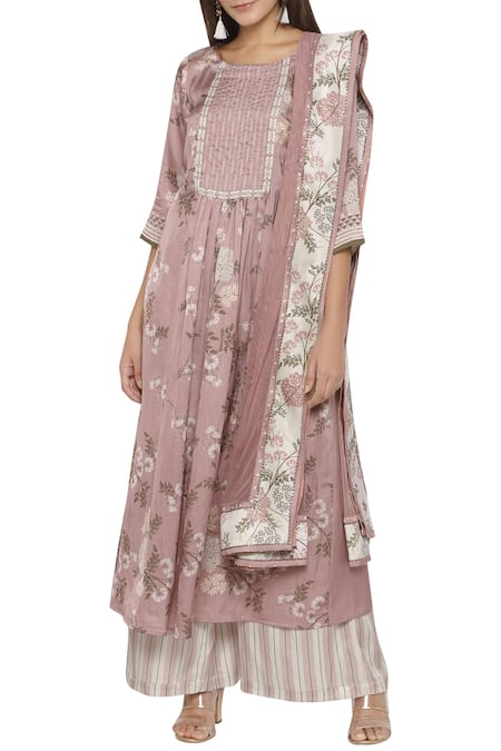 Buy_Soup By Sougat Paul_Pink Cotton Satin Round Neck Printed Kurta Set _Online_at_Aza_Fashions
