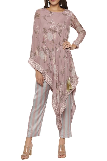 Buy_Soup By Sougat Paul_Pink Flat Chiffon Round Neck Printed Asymmetric Tunic And Pant Set _Online_at_Aza_Fashions