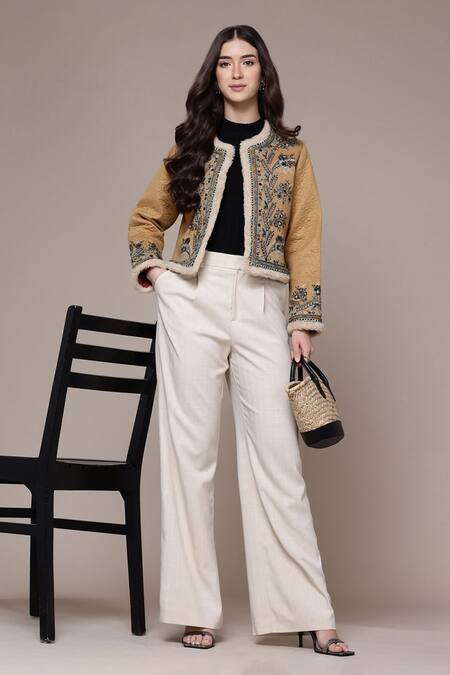 Shop_Ritu Kumar_Beige Suede Embroidery, Mirrors Round Neck Mavi Quilted Jacket With Fur Trim_Online_at_Aza_Fashions