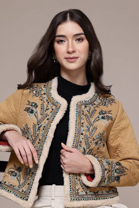 Buy_Ritu Kumar_Beige Suede Embroidery, Mirrors Round Neck Mavi Quilted Jacket With Fur Trim