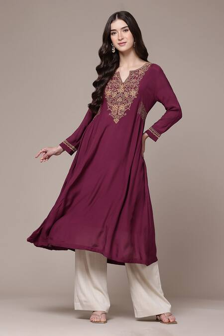 Buy_Ritu Kumar_Maroon Viscose, Silk Embroidery Split V-neck A-line Kurta With Inner _Online_at_Aza_Fashions