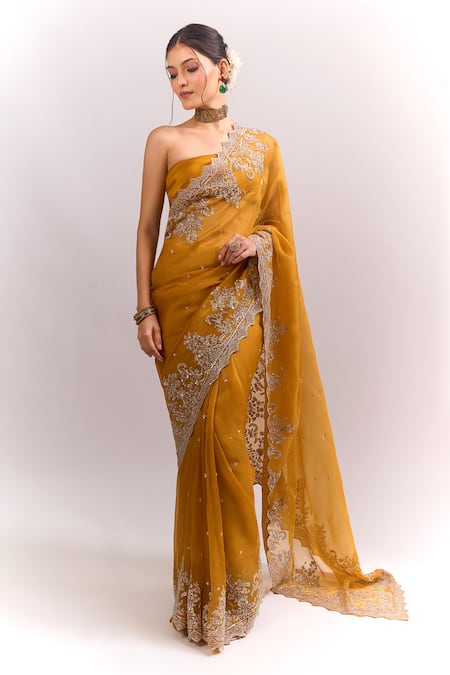 Anushree Reddy Mustard Akhila Saree With Unstitched Blouse Piece 